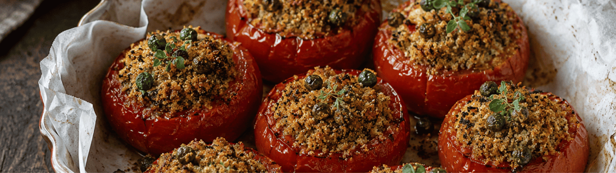 Pomodori gratinati con acciughe, capperi di Salina DOP e limone