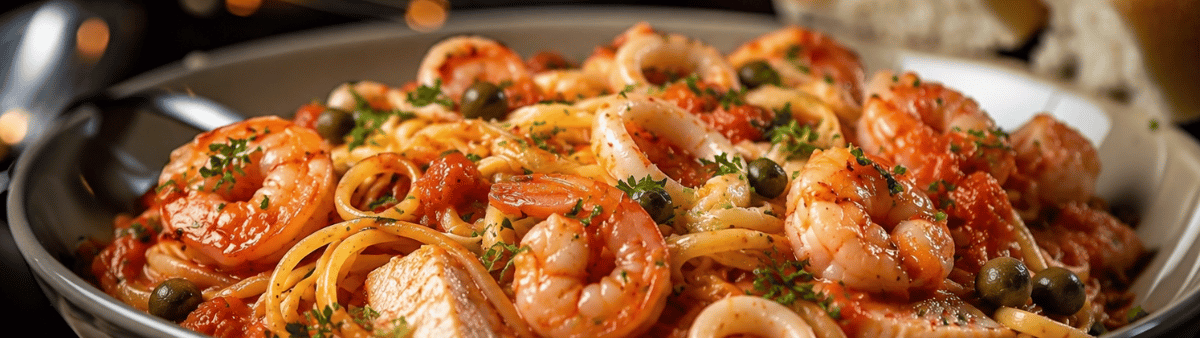 Linguine di Timilia con ragù di pesce misto, capperi e passata bio