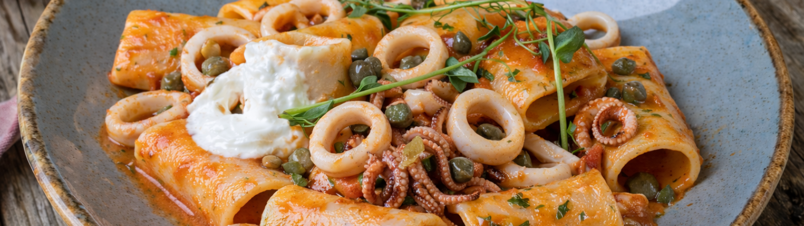 Paccheri di Timilia Bio al Sugo di Calamari con Capperi Siciliani