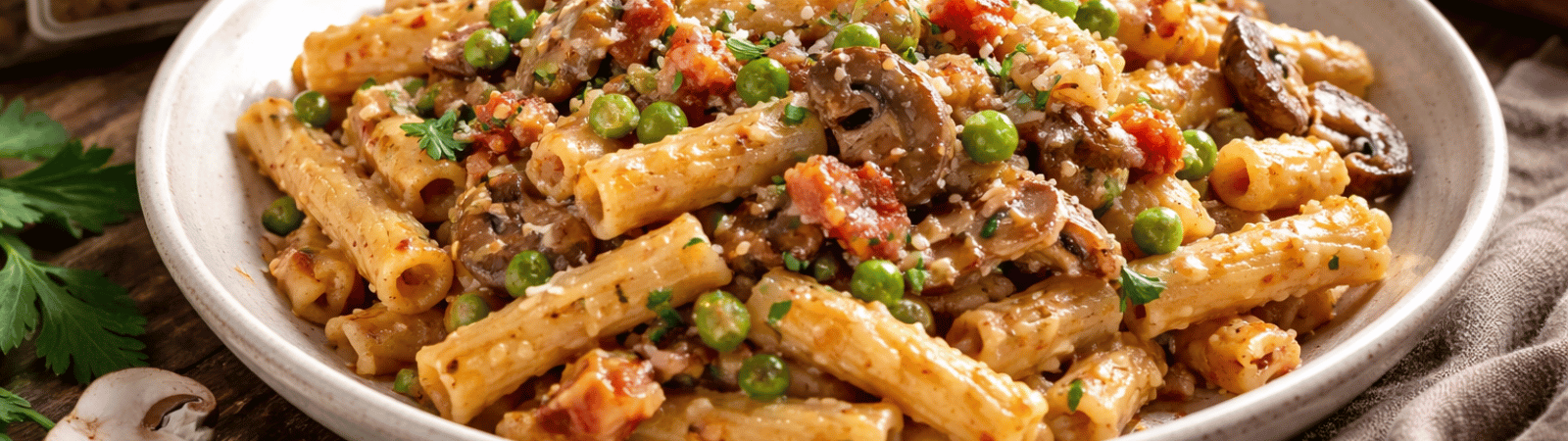 Tortiglioni alla Boscaiola con Funghi, Pancetta e Piselli: Ricetta Rustica con Pasta di Grano Siciliano Bio