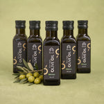 Huile d'olive extra vierge bio Racilia 100 ml, bouteilles en verre foncé avec branche d'olivier et olives vertes