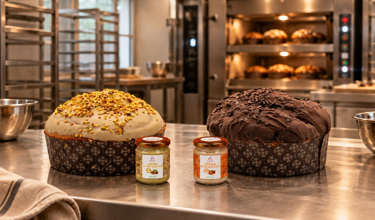 Panettoni artigianali senza glutine Racilia al pistacchio e al cioccolato con crema di pistacchio e crema di nocciole