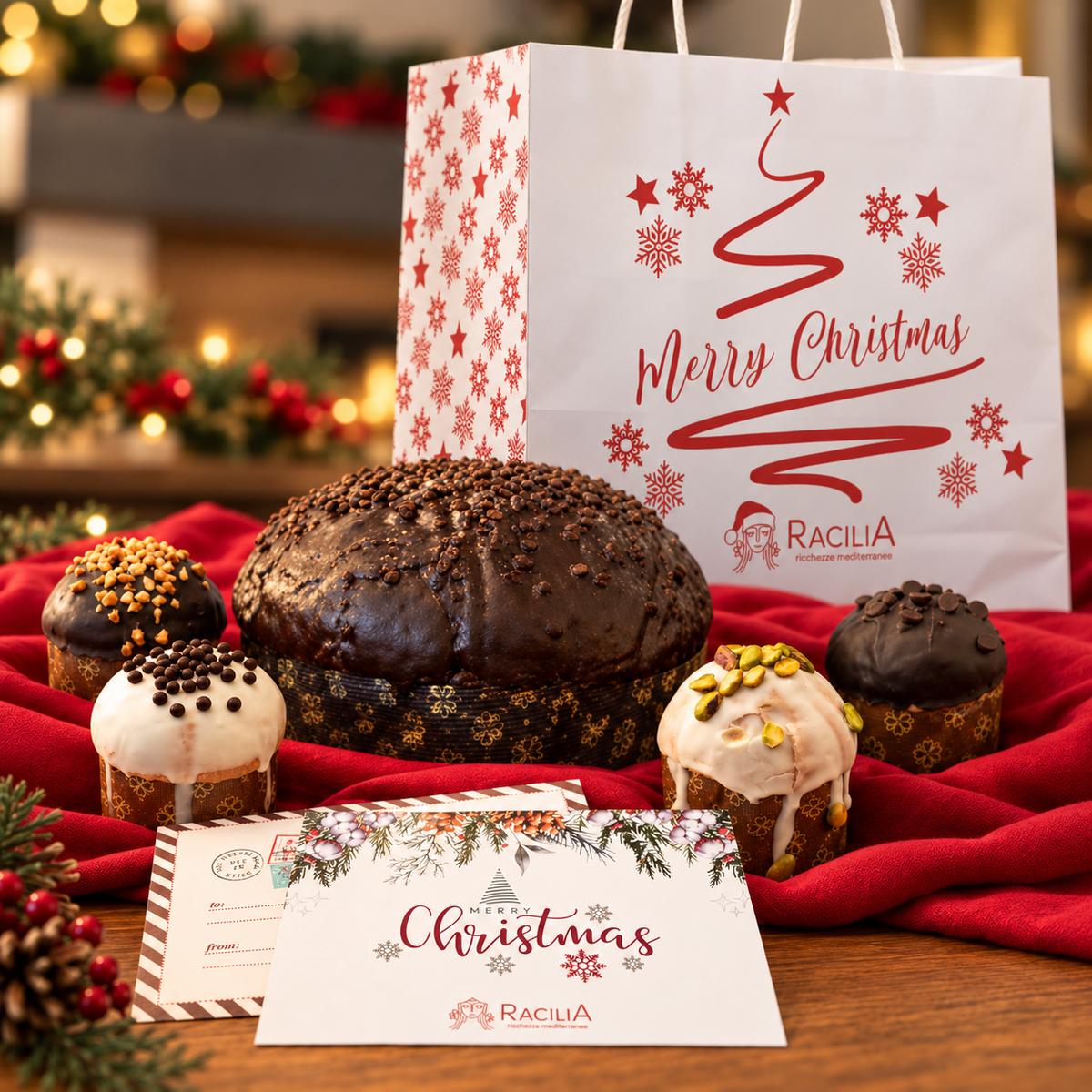 Premio Gold Racilia: panettoncini artigianali, cartolina d'auguri e busta regalo Merry Christmas