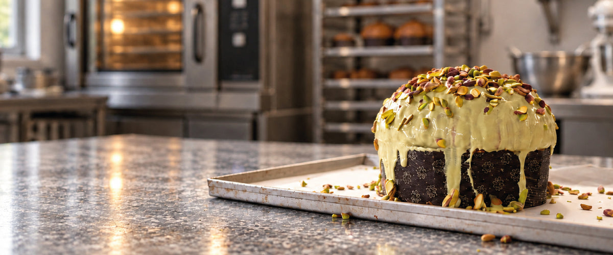 Panettone artigianale al pistacchio Racilia appena glassato nel laboratorio in Sicilia