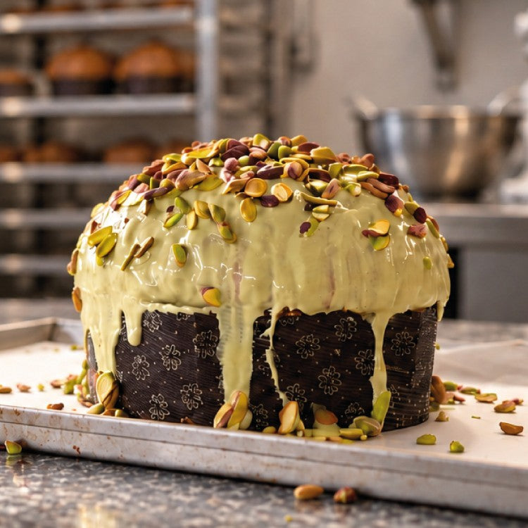 Fetta di panettone artigianale al pistacchio Racilia farcito di crema, nel laboratorio in Sicilia