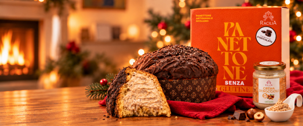 Panettone artigianale senza glutine Racilia con glassa al cioccolato, confezione e crema di nocciole