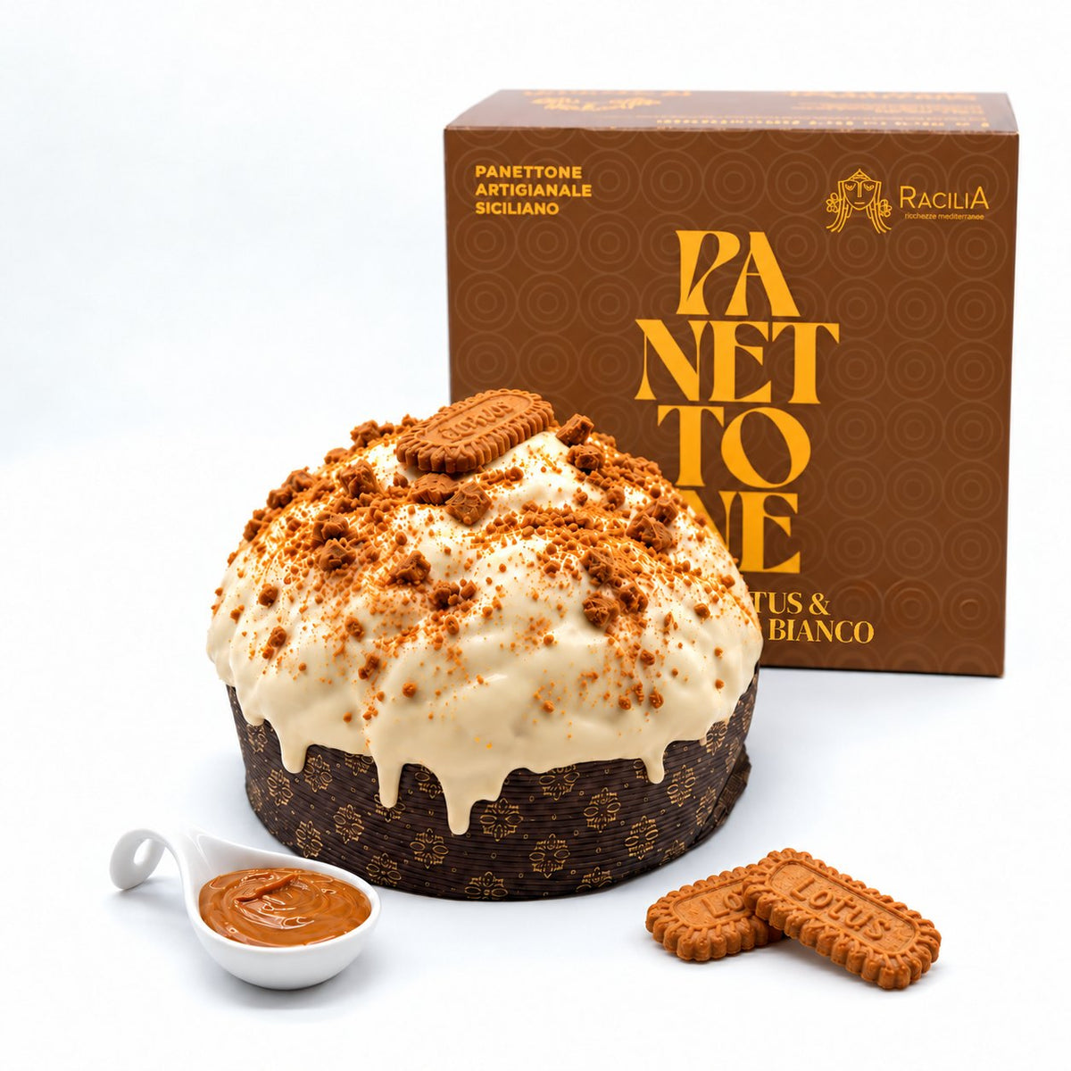 Panettone artigianale Lotus e cioccolato bianco Racilia con la sua confezione