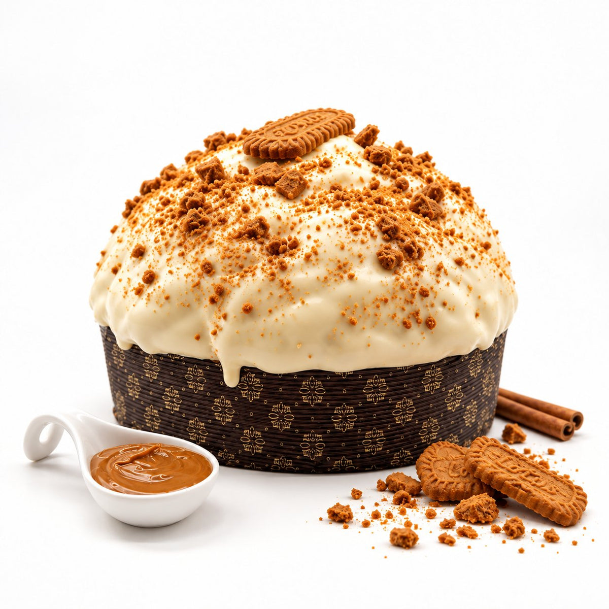 Panettone Lotus intero con glassa al cioccolato bianco e granella di biscotto