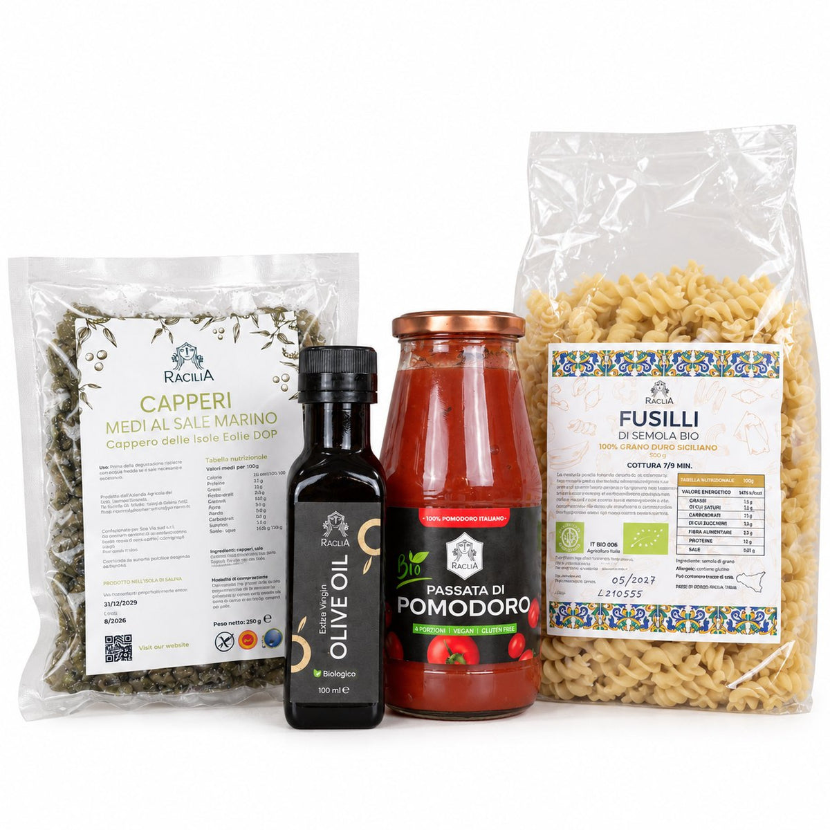 Contenuto del Sacco Salatu: capperi, olio EVO biologico 100 ml, passata di pomodoro e fusilli