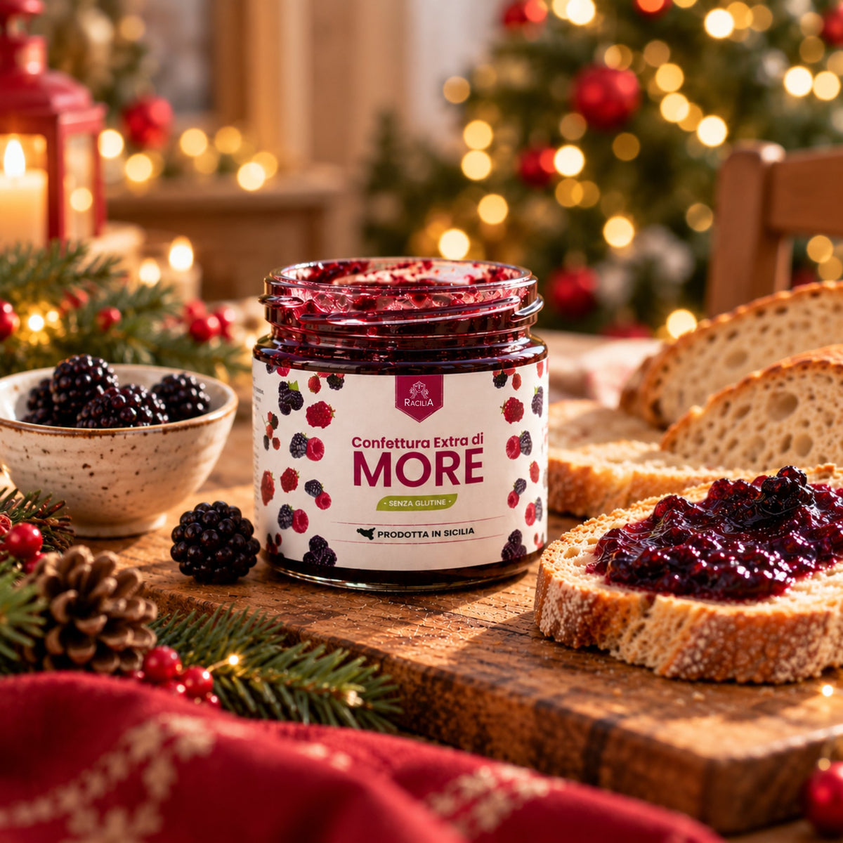 Extra-Brombeerkonfitüre auf festlichem Tisch mit Brot und frischen Brombeeren