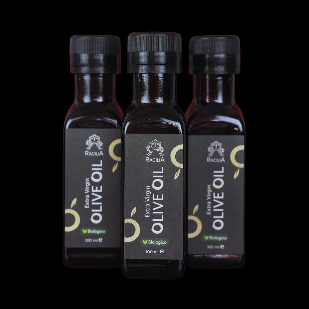 Coffret de 3 bouteilles d'huile d'olive vierge extra bio Racilia 100 ml sur fond noir
