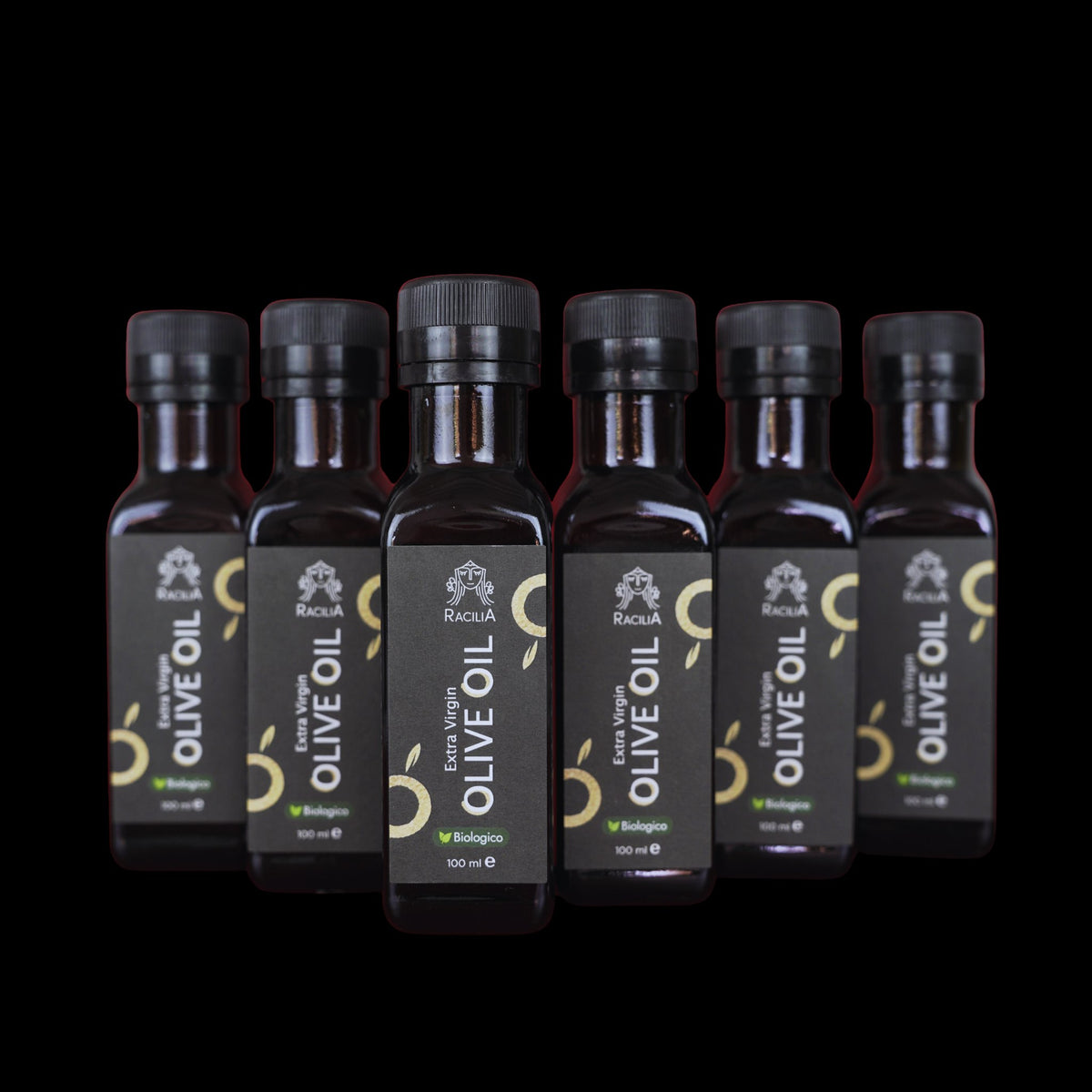 Coffret de 6 bouteilles d'huile d'olive vierge extra bio Racilia 100 ml sur fond noir